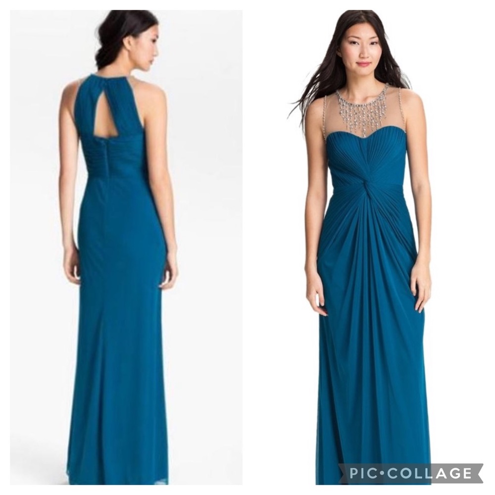 Adrianna Papell twist embellished ruched black tie formal dress